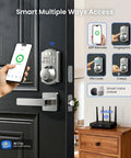 Smart Home Keyless Entry Digital Door Lock With Fingerprint Deadbolt And Handle Set App Remote Hub Free Wifi Security satin nickel finish shown on a door with smartphone access.