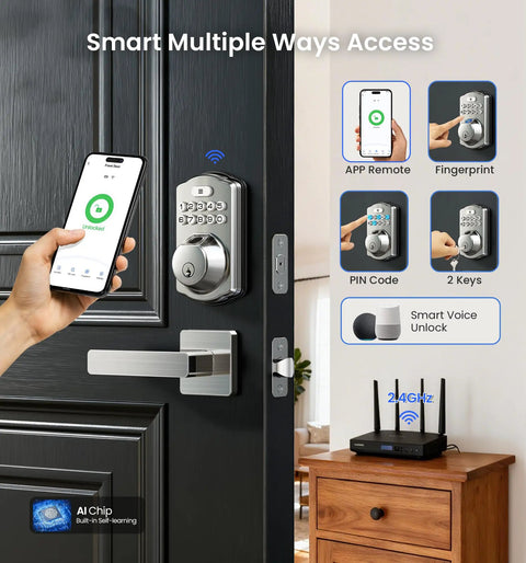 Smart Home Keyless Entry Digital Door Lock With Fingerprint Deadbolt And Handle Set App Remote Hub Free Wifi Security satin nickel finish shown on a door with smartphone access.
