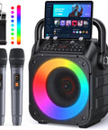 Totally Party-Ready Portable Bluetooth Karaoke System with two wireless mics, LED lights, and built-in PA on display