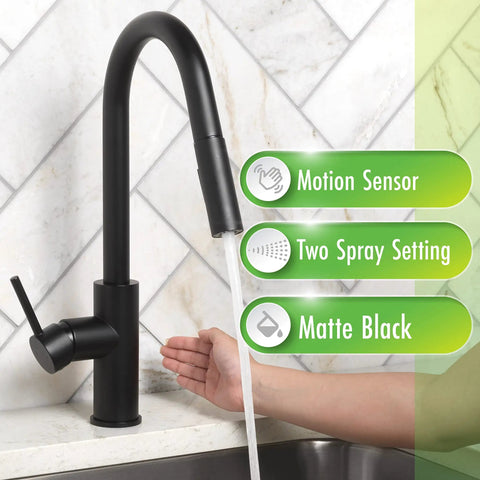 Touchless Kitchen Faucet With Pull Down Sprayer Matte Black Finish Motion Sensor High Arc Spout with hand activating sensor