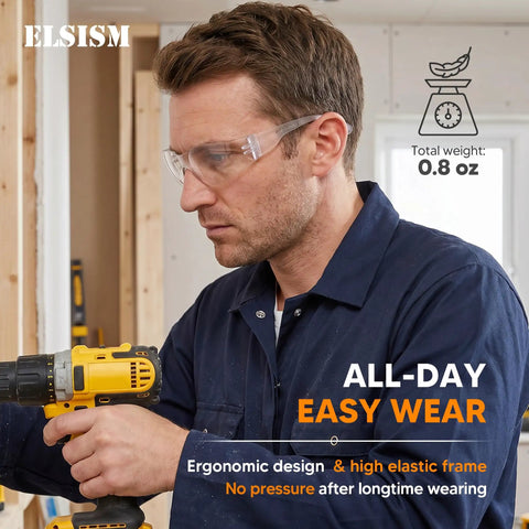 Man wearing 24 Pack Safety Glasses Bulk Haul Featuring Clear Polycarbonate Lenses And Rugged Wraparound Impact Shield.