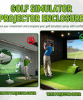 Comparison of golf simulator projectors: without cover vs. floor mounted golf simulator projector enclosure with sturdy full steel frame and built in cooling vent system, clear viewing panel for quick setup, no fuss indoor protection for home golf projectors.