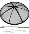 24 Inch Fire Pit Spark Screen With Foldable Hook And Marshmallow Sticks, Heavy Duty Steel Mesh Cover shown with tools