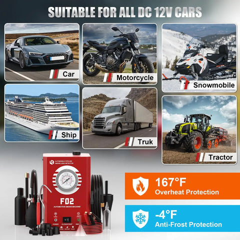 Straight Up Professional Automotive Smoke Machine With Integrated Pressure Gauge For Finding And Sealing Sneaky EVAP Fuel And Exhaust Leaks On DC12v Rigs, shown with various vehicles.