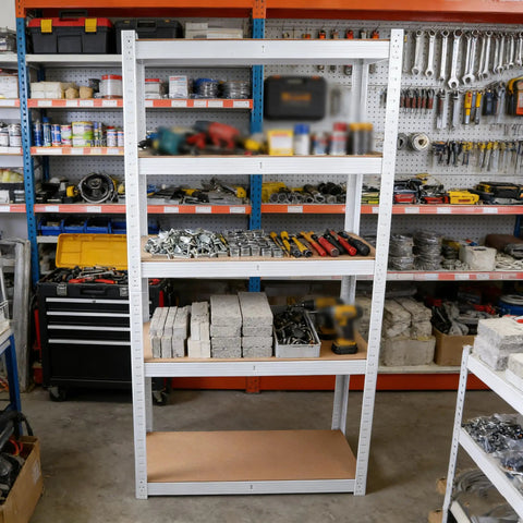 Badass Five Tier Laminated White Metal Shelving Unit For Tight Garages And Basements Holds Everything You Own No Mess Just Clean Storage That Stays Fully Adjustable For Your Warehouse And Pantry Needs, organized with tools and materials.