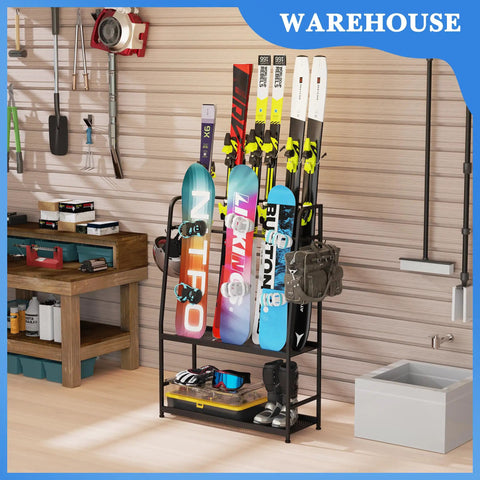 Freestanding Heavy Duty Ski And Snowboard Rack For Garage Storage Holds Four Full Sets Of Gear with colorful skis and gear organized.