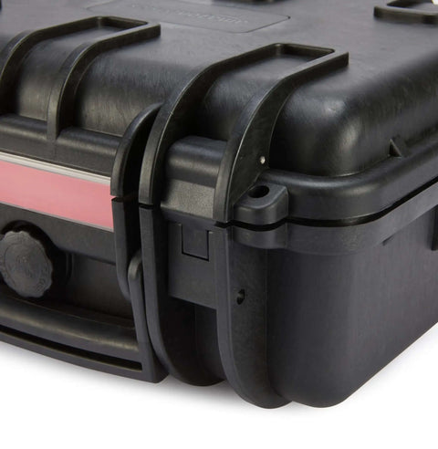 Kickass Hard Camera Case Featuring Smooth Side Handles And Custom Foam Dividers For Dslr Gear Transport, close-up of black waterproof case.