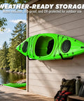 Tough As Nails Heavy Duty Kayak Storage Rack Double Pack Wall Mount Garage Hooks with green kayak stored outdoors.