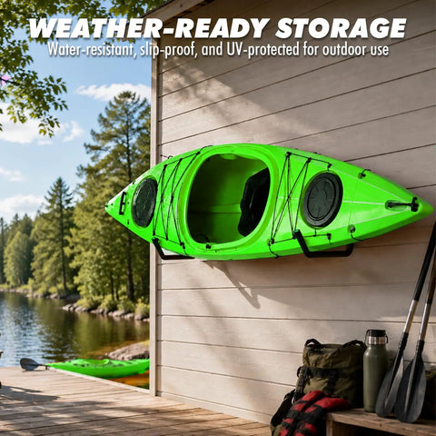 Tough As Nails Heavy Duty Kayak Storage Rack Double Pack Wall Mount Garage Hooks with green kayak stored outdoors.