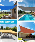 Multi-scene use of 8x16 Sand Shade Sail Rectangle Outdoor Sun Shade Canopy Patio Garden Deck Backyard UV Block Breathable HDPE Fabric 95 Percent UV Protection Customizable Coverage over a patio, pool, balcony, and garage.