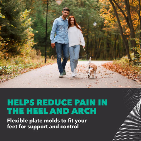 Couple walking dog on path, promoting Orthotic Arch Support Full Length Shoe Insoles For Men Size 12 To 13.5 Green With Moldable Arch
