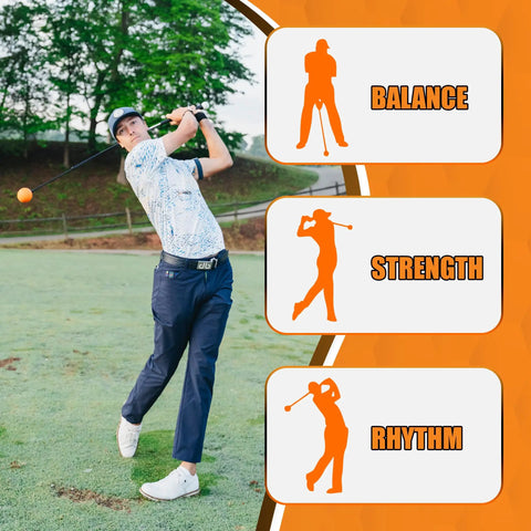 Golfer using Counterbalanced Golf Swing Trainer Aid For Flexibility, Tempo, And Consistent Contact, 47 Inch Practice Tool Made In USA