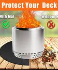 Round Fire Pit Mat 47In Fireproof Deck Protector for under fire pits demonstrating heat protection on wooden deck