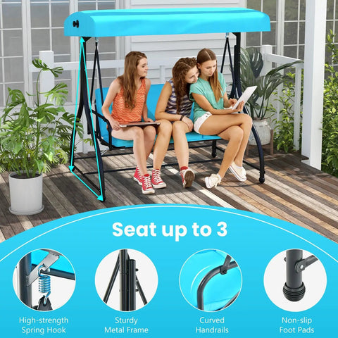 Three Seat Outdoor Porch Swing 2 In 1 Swing Glider With Adjustable Canopy Weatherproof Fabric Removable Cushions on patio.