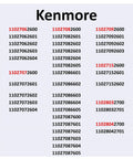 Kenmore part numbers grid for washing machine components, featuring various model numbers for reference.