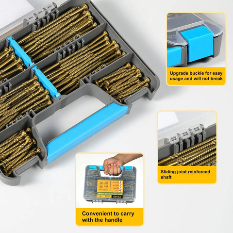 Top Tier 340 Piece Wood Fastener Bundle For Decks Fences Patios And Interior Exterior Applications Includes Size 8 And 9 Bugle Head Screws with T15 T25 Torx Bits in storage box