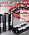Beefed-Up Three Eighth Inch Drive Impact Socket Set With Forty Nine Pieces, shown in metal case, focus on deep sockets.