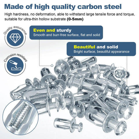 48 Piece Heavy Duty Expansion Jack Nuts With Bolts M4 M5 M6 M8, showcasing shiny carbon steel fasteners for drywall installation.