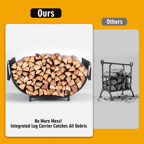 Curved Firewood Rack For Indoor And Outdoor Use, Heavy Duty Metal Log Holder With Detachable Haul Bag, Waterproof And Rustproof Wood Storage Stand For Fireplace Or Fire Pit, 30 Inch Curved Frame loaded with firewood.
