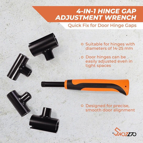 Door Hinge Gap Adjusting Tool Kit With Four Interchangeable Wrench Adapters and Ergonomic Rubber Grip