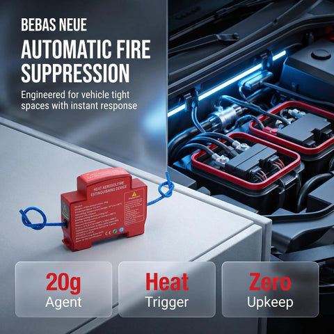 Automatic Car Fire Extinguisher Compact Aerosol Unit With Slick Peel Stick Install For Instant Flame Stop and Solid Vehicle Safety close-up in engine compartment.