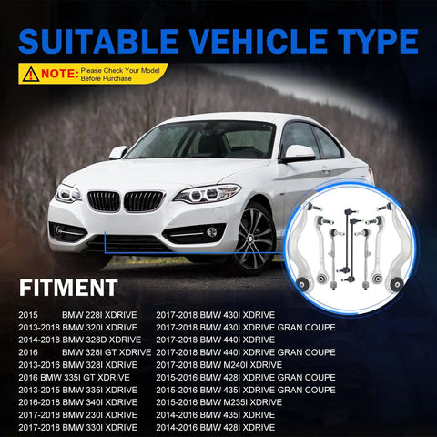 Heavy Duty Front Lower Control Arm Suspension Kit 8 Piece Set With Ball Joints Bushings For BMW F30 F31 2013 To 2018 Models shown on vehicle.
