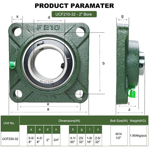Pro Grade Ucf21032 Pillow Block Bearings Two Pack Square Flange Four Bolt Bearing Steel With Two Inch Bore dimension chart.