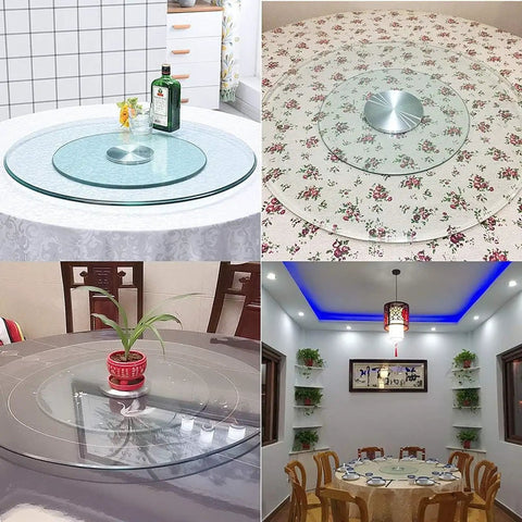 Massive 47 Inch Clear Tempered Glass Lazy Susan Turntable With Killer Smooth Swivel Rotation Heavy Duty Serving Tray displayed on various dining tables.