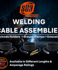 SUA welding cable assemblies with electrode holders and ground clamps, showcasing various lengths and amp ratings