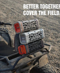 Stacked rugged aluminum Bluetooth speakers mounted on a golf cart, showcasing outdoor use, BassUp enhanced bass, and IP68 protection.
