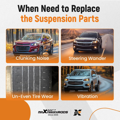 When to replace suspension parts due to clunking noise, steering wander, uneven tire wear, and vibrations in vehicles.