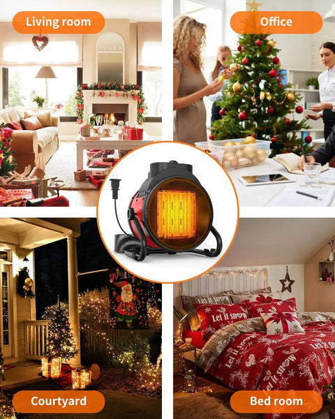 Portable 1500W Electric Heater With 2 Second Fast Heat, 3 Modes, Overheat Protection, PTC Ceramic Heating And 2600 RPM High Speed Fan For Outdoors, Patio, Tents And Indoors, Red shown in various settings
