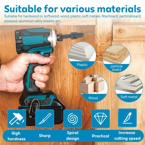 Slick 5-Piece Adjustable Countersink Drill Bit Set with Magnetic Extension Holder and Sizes 4 to 12 in use on wood and soft metal.