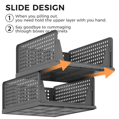 Stackable Plastic Storage Baskets 2 Pack Foldable Closet Organizers And Storage Bins with slide design, gray, stacking open