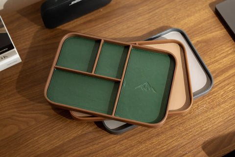 Full Grain Leather Catchall Tray Set For Nightstand And Entryway, Multi Tray Valet Organizer in Green on Wooden Surface