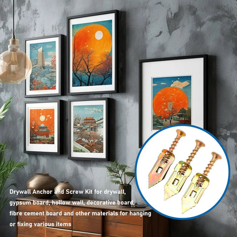Heavy Duty Self Drilling Drywall Anchors With Screws Kit 180 Pack Zinc Plated Steel Expansion Bolts used to hang framed art on wall.