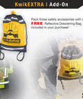Reflective drawstring bag branded with KwikSafety logo, used for packing safety accessories, held by hand in outdoor setting.