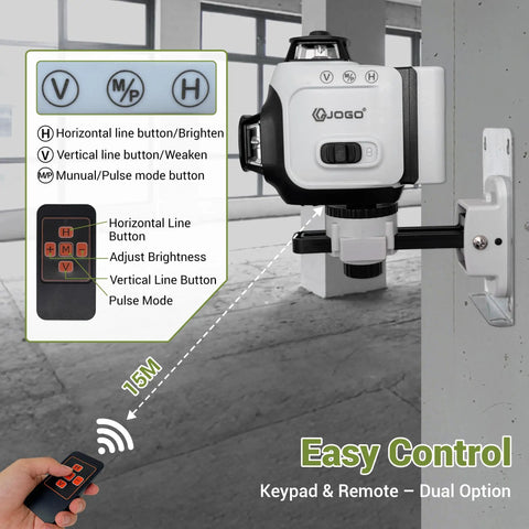 Close-up of Green Laser Level With Self Leveling One Horizontal 360 Degree Plane And Two Vertical 360 Degree Planes Pro Grade High Brightness Green Laser For Picture Hanging And Layout Magnetic Stand Rechargeable Batteries Hard Case Included installed on wall with remote control