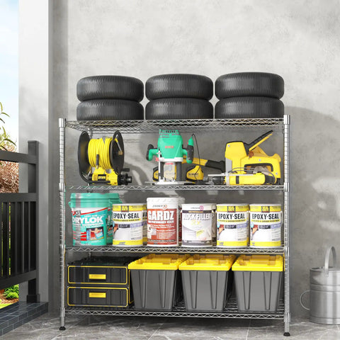 Heavy Duty Metal Shelving 4 Tier Storage Rack With Smooth Rolling Casters For Garage Or Kitchen Adjustable Chrome Wire Rack Total Storage Flex For Serious Home Organization Setup 24 By 48 By 72 Inches, filled with tools and supplies.