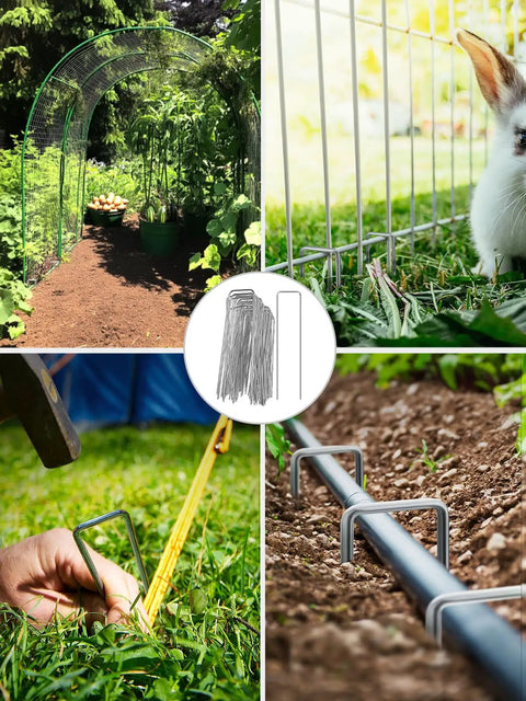 Heavy Duty 6 Inch U Shaped Landscape Staples Pack Of 50 For Weed Barrier Fabric And Landscape Fabric And Lawn Edging Galvanized Steel Ground Pins For Strong Hold In Garden And Yard installed in garden.