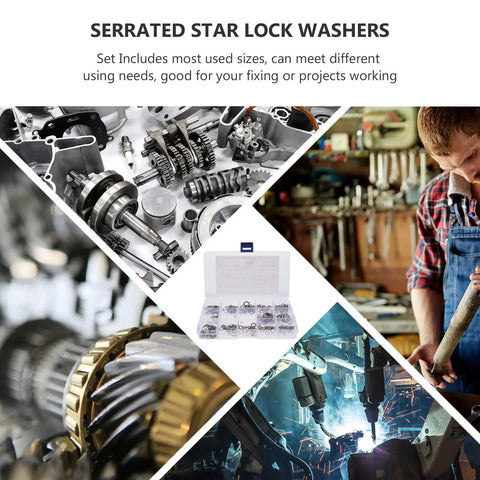 Serrated Lock Washers Set in plastic case for automotive and machinery use, stainless steel internal and external tooth washers assortment