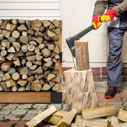 Person chopping firewood with an axe next to a stacked woodpile outdoors.