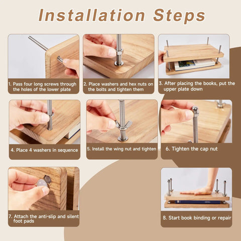 Installation steps for All In One Book Binding Kit With Wooden Book Press 13 By 7.9 Inches Pro Grade Tools Like Bone Folder Awl Needles Waxed Thread Scissors Binding Tape For DIY Bookbinding Book Repair And Handmade Crafts