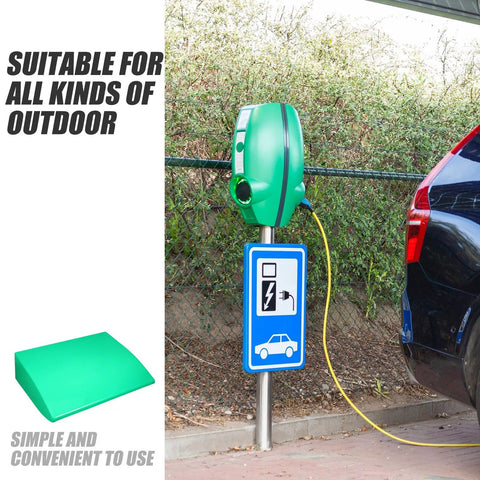 Heavy Duty EV Charger Waterproof Cover Box For Outdoor Use All Weather Sun And Dust Shield Durable Abs Plastic Green Case shown in use with car.