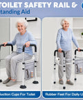 Premium Toilet Safety Rails For Aging Adults And Rehab Users Offers No Sweat Setup With Traction Handholds And Beefy Steel Tubing Folds Quick For Clutter Free Baths Bears Up To Three Hundred Fifty Pounds Without Breaking A Sweat, shown as standing aid with a senior caregiver.