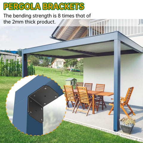Installed pergola with Beefy 4x4x3.5 Pergola Brackets Heavy Duty L Brackets For Wood 4 Pack Corner Brackets For Decks Shelves And Fences 800 Lbs Capacity Per Bracket Built From 4mm Premium Angle Iron.
