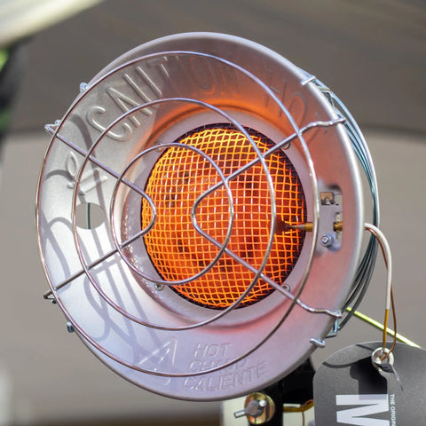 Close-up of a 15,000 BTU Single Tank Top Portable Propane Radiant Heater With Adjustable 15,000 12,500 And 10,000 BTU Levels.