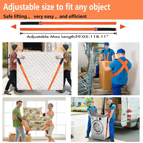 Heavy Duty Padded Moving Straps And Lifting Harness For Couches Furniture And Appliances Ergonomic Shoulder Gear in use with various objects.