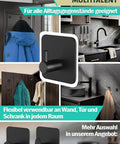 Top Shelf Black Self Adhesive Towel Hooks 6 Pack Stainless Steel Bathroom Wall Mount displayed with coats and kitchen use.