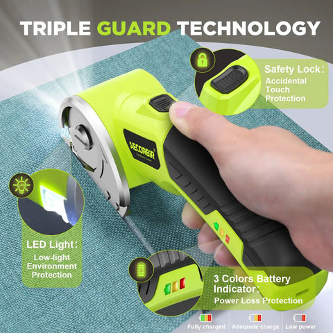 Top Shelf Cordless Electric Scissors Built Different To Crush Cardboard And Fabric Like A Slick Pro Featuring Dual Rotary Blades LED Safety Lock and Quick Charge Battery in use on fabric with LED light and safety lock.